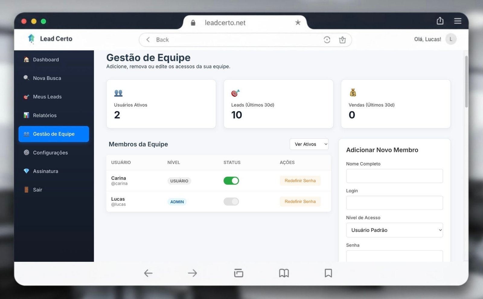 Tela de gestão de equipe do Lead Certo